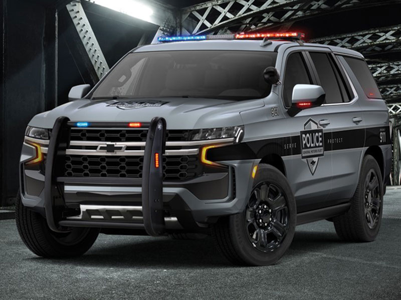 A black and gray police SUV with lights on, parked under a metal bridge structure.