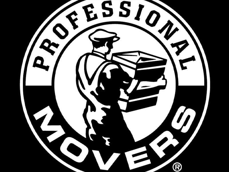 Black and white logo showing a person in uniform carrying a box, with the words "Professional Movers" in a circular design.